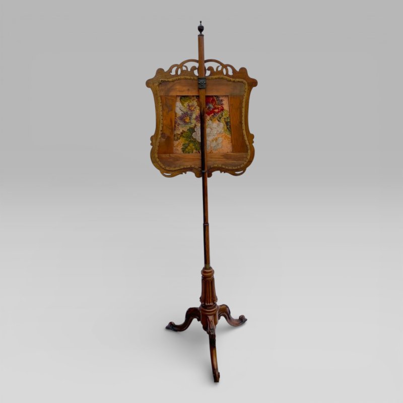 Antique English Victorian Rosewood Floral Tapestry Pole Fire Screen Tripod Base - Image 3